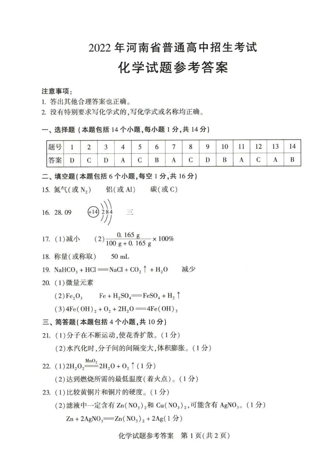 2023年河南中考化學(xué)試卷真題及答案