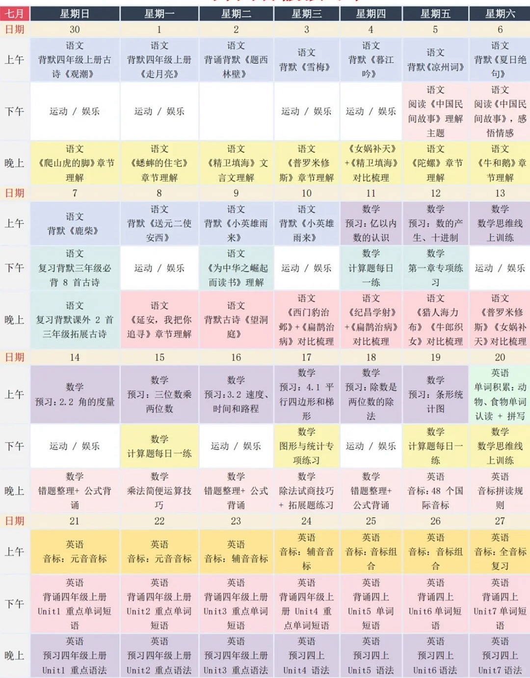 三升四暑假學(xué)習(xí)計(jì)劃表,四年級小學(xué)生暑假作息時(shí)間表